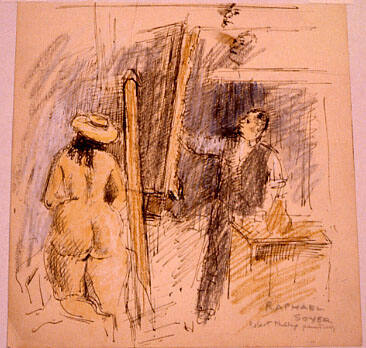Sketch of artist Robert Phillipp painting a nude woman wearing a hat