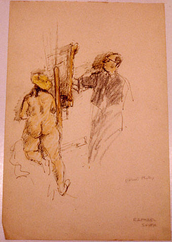 Sketch of artist Robert Phillipp painting a nude woman wearing a hat