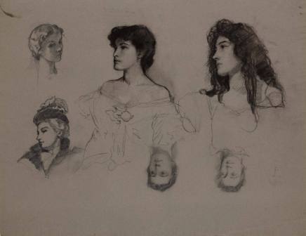 Sketches of six female heads
