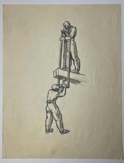 Sketch for La Porte de L'Alma, World's Fair, 1937 [Two men sawing wood]