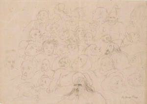 Untitled - Numerous portrait sketches, roughly drawn, of men, women, and children