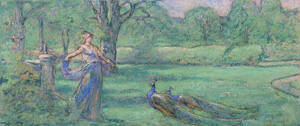 Woman with peacocks in a garden