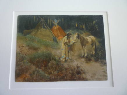 Indian with horse in woods