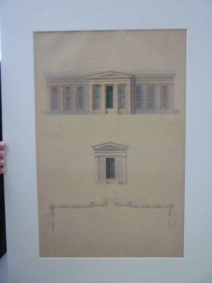Elevation of neo-classical building, detail of front portico, partial plan