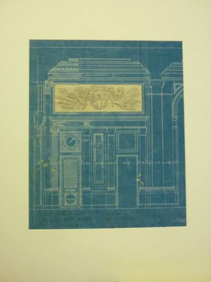 Blueprint for arthitectural scheme, Manhattan Hotel with paper overlay having panel design by Kenyon Cox