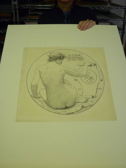 Drawing for "tondo" illustrating back of seated female nude with scroll