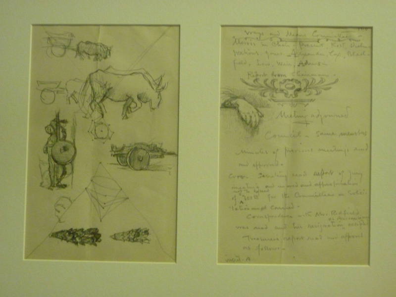 Numerous sketches: ox-drawn wagons, reclining figures on wagon