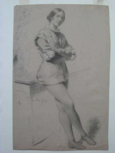 Figure costumed in leggings and tunic, standing with arms crossed