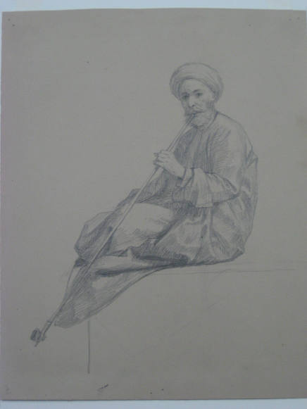 Untitled - Man in turban and robe with full beard seated on ledge, holding a pipe