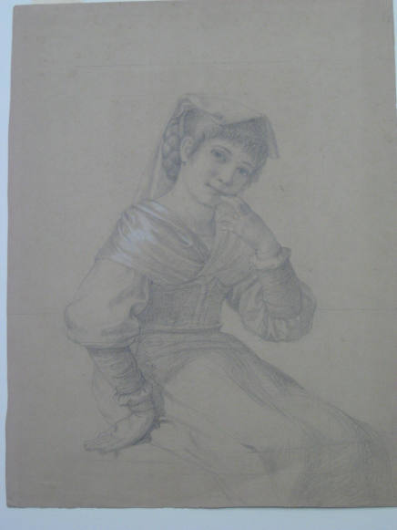 Untitled - Young girl in native dress, seated, holding two fingers to her mouth