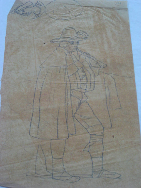 Untitled - Standing man wearing hat and cape, playing recorder/flute