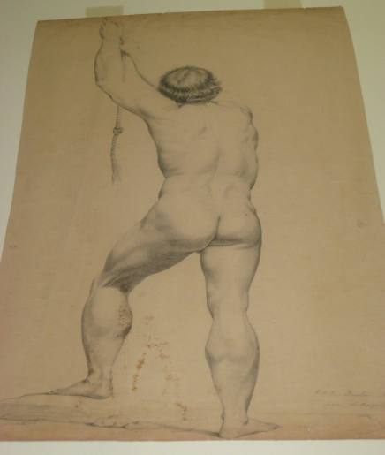 Untitled - Standing male nude holding rope, rear view, copied from a lithograph