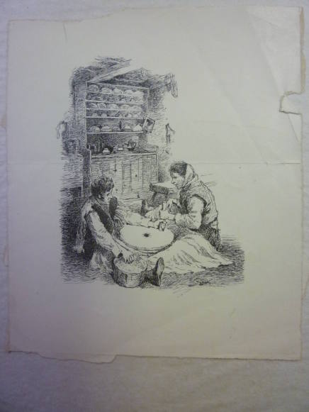 Illustration of couple grinding grain in kitchen