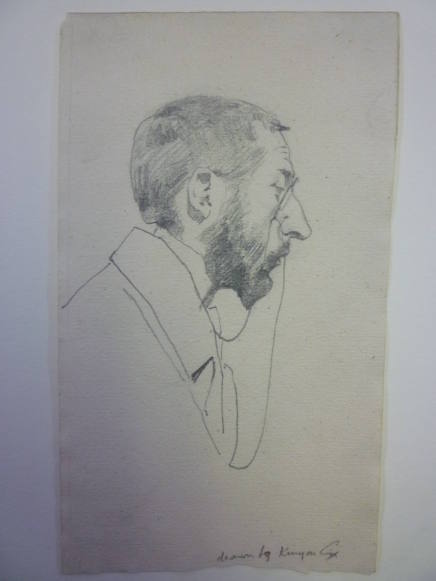 Portrait sketch of man with monocle in profile