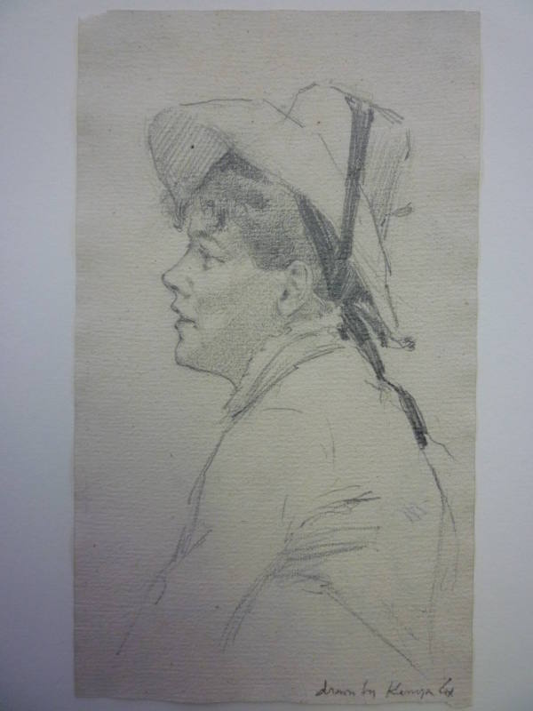 Portrait sketch of young woman with bonnet in profile