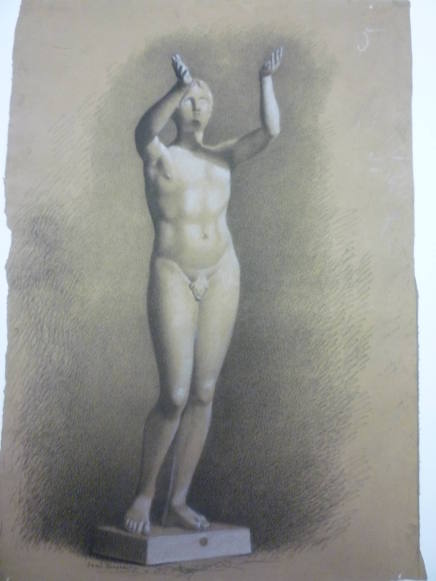 Sketch of classical sculpture of male nude with arms raised