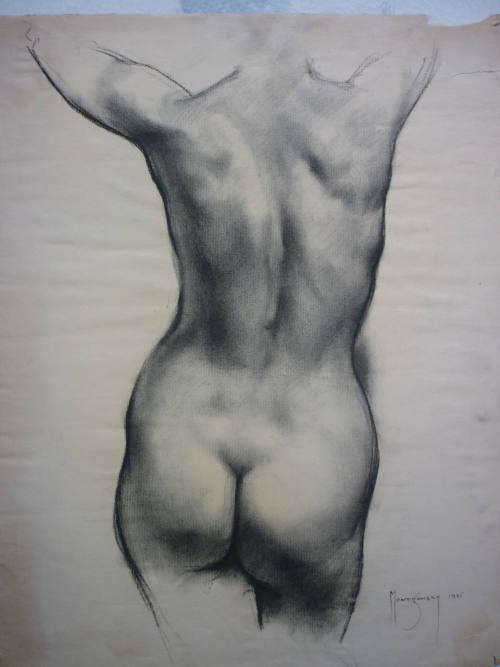 Drawing of figure's shoulders, back, buttocks; rear view