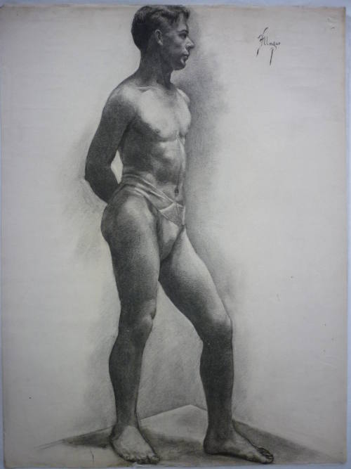 Drawing of standing male nude, side view