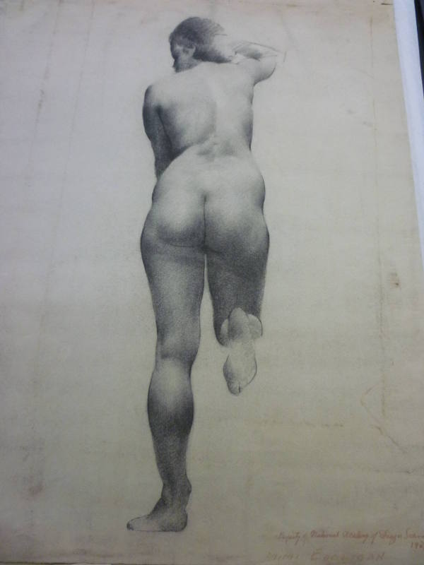 Drawing of female nude, seen from rear