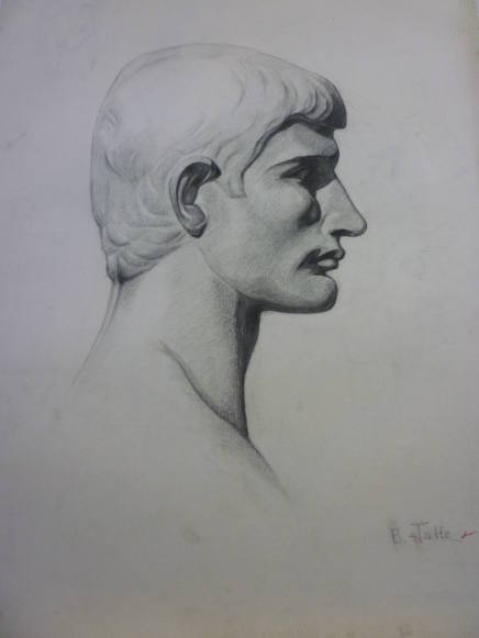 Study of cast of male head in profile with faint drawing of female head