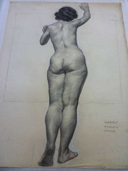Drawing of standing female nude, rear view