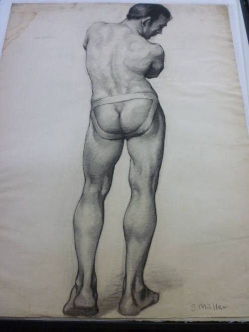 Drawing of standing male nude, seen from rear