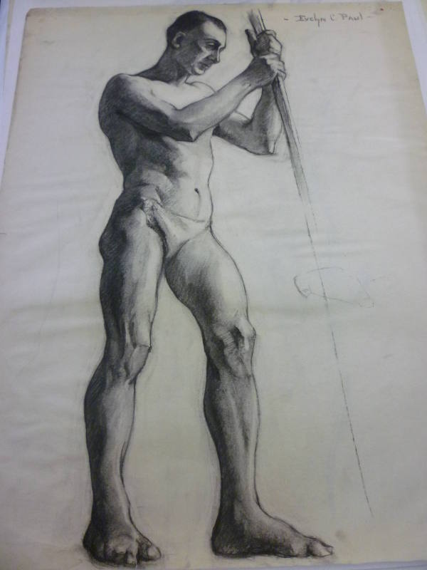 Drawing of standing male nude holding pole