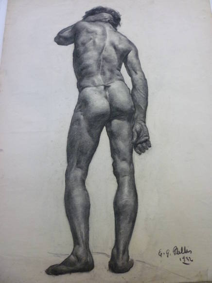 Drawing of standing male nude, rear view