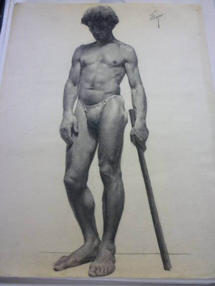 Drawing of standing male nude holding rod