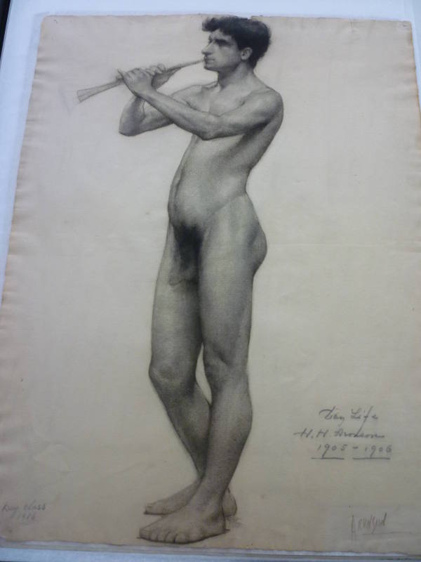 Drawing of Male Nude Playing Wind Instrument