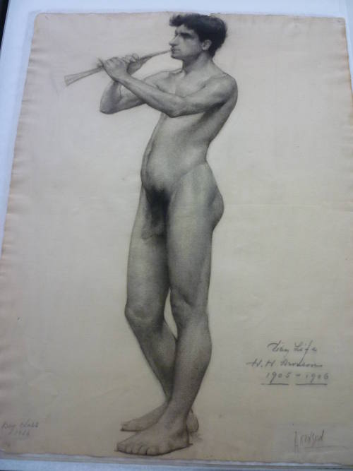 Drawing of Male Nude Playing Wind Instrument