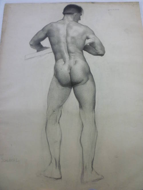 Drawing of male nude carrying rectangular board, rear view