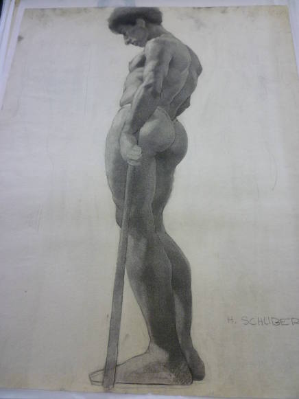 Drawing of nude male figure with pole, side view