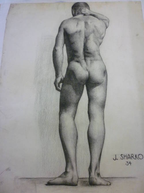 Drawing of standing male nude, seen from rear