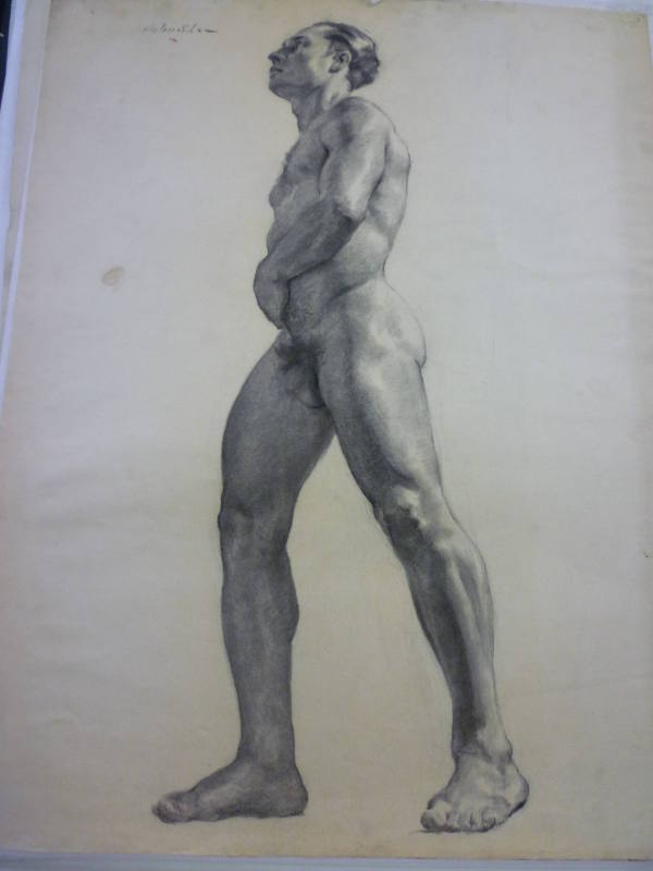 Drawing of standing male nude, side view