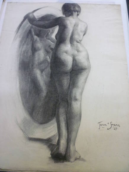 Drawing of female nude, standing before full-length mirro