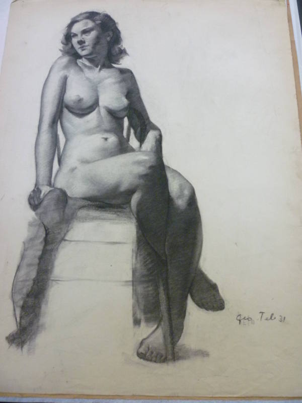 Drawing of seated female nude, front-view