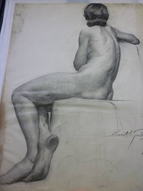 Drawing of seated female nude, seen from rear side view