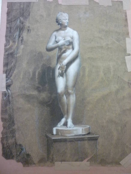 Drawing of "Venus Pudica" statue on pedestal