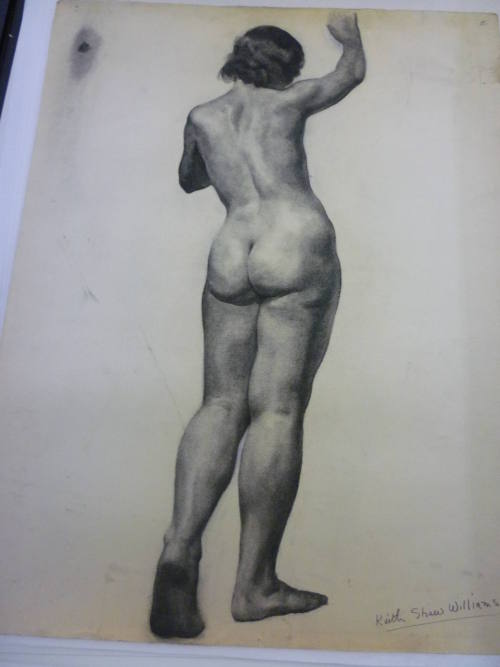 Drawing of standing female nude seen from rear