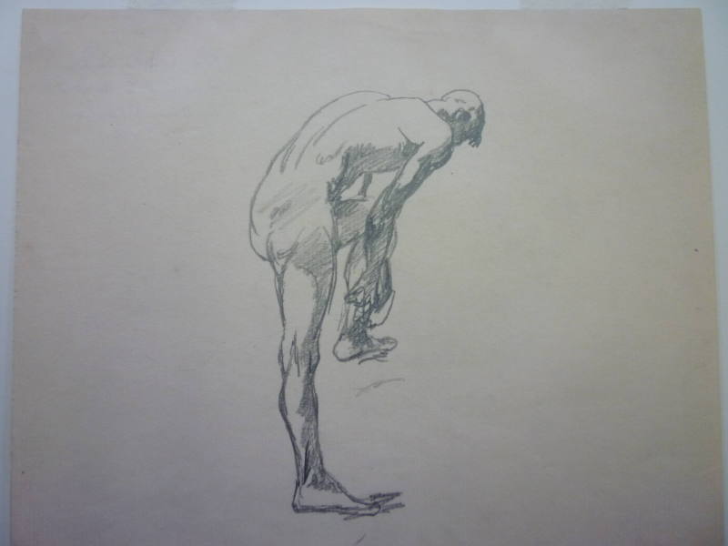 Study of male nude bending forward, rear three-quarters view