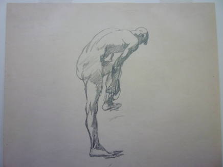 Study of male nude bending forward, rear three-quarters view