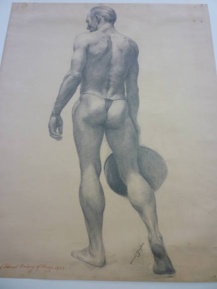 Drawing of male nude holding hat, seen from rear