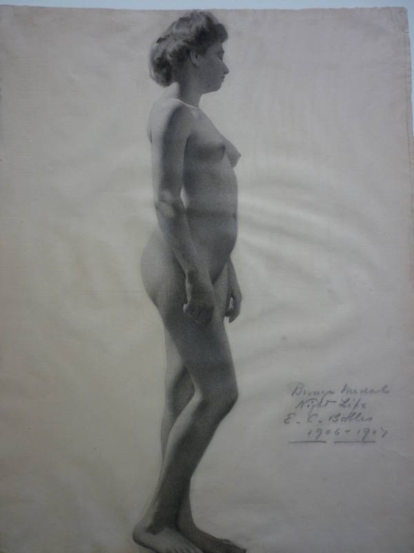 Drawing of Female Nude Standing in Profile