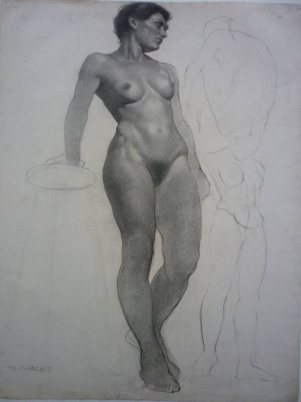 Drawing of standing female nude along with outline sketches of two women in other poses