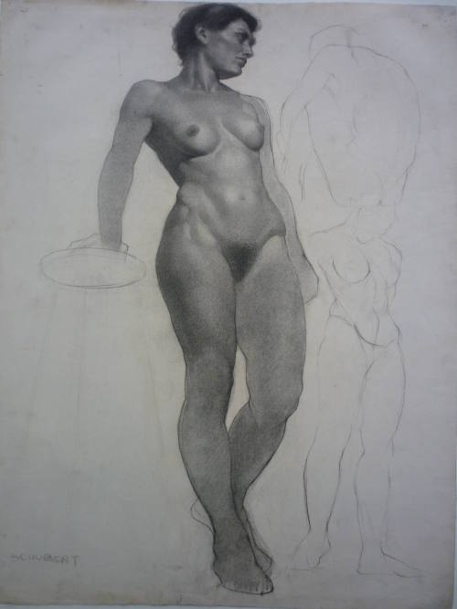 Drawing of standing female nude along with outline sketches of two women in other poses