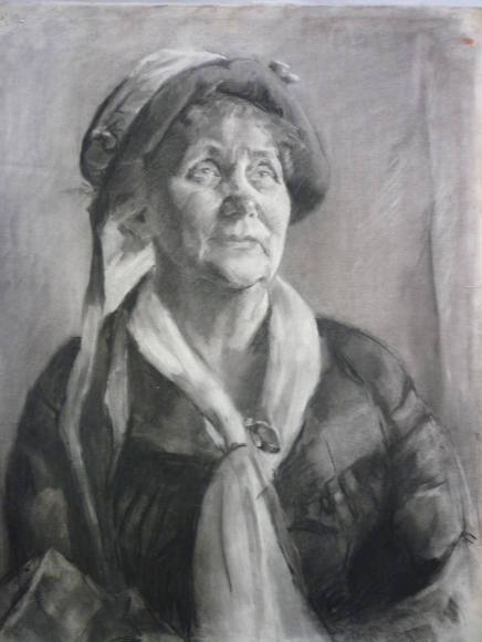 Drawing of elderly woman dressed in bonnet