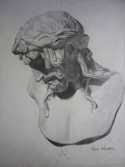 Drawing of sculptured bust of bearded, long-haired man