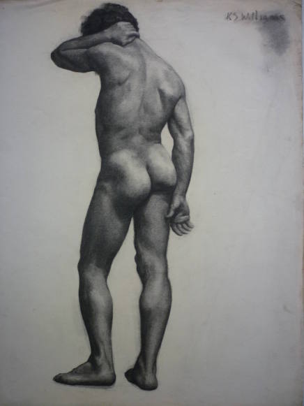 Drawing of standing male nude, rear-view
