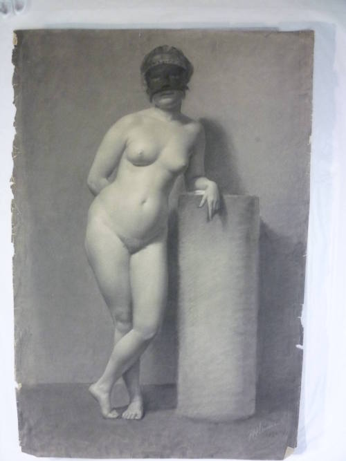 Standing female nude, wearing mask